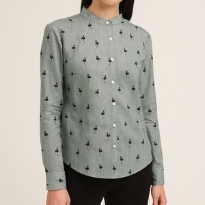 Nehru Collar Flamingo Pattern Blouse Top Mint Green Black Large